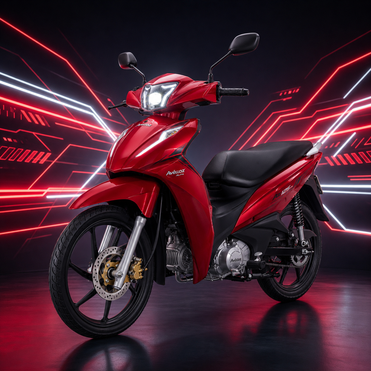 Avelloz AZ125 vermelha em estúdio com luzes de neon